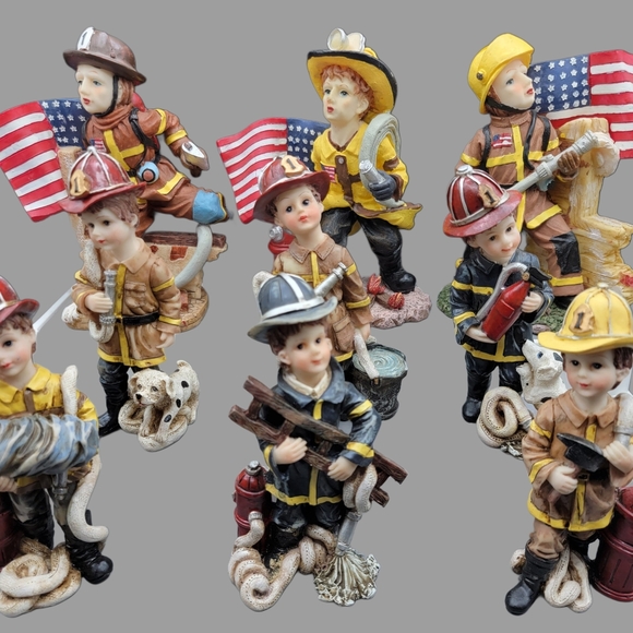 Firefighter Figurine Set with American Flags - Picture 1 of 4